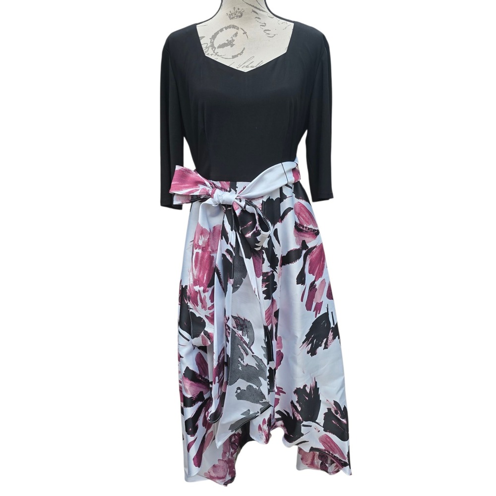 R&M Richards -1029 Women's Black‎ White Magenta Floral High Low Midi Dress Sz 12